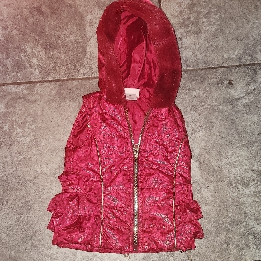 Little Lass Ruffle Vest Size 24 months Hot Pink/ Gold Fur Hood